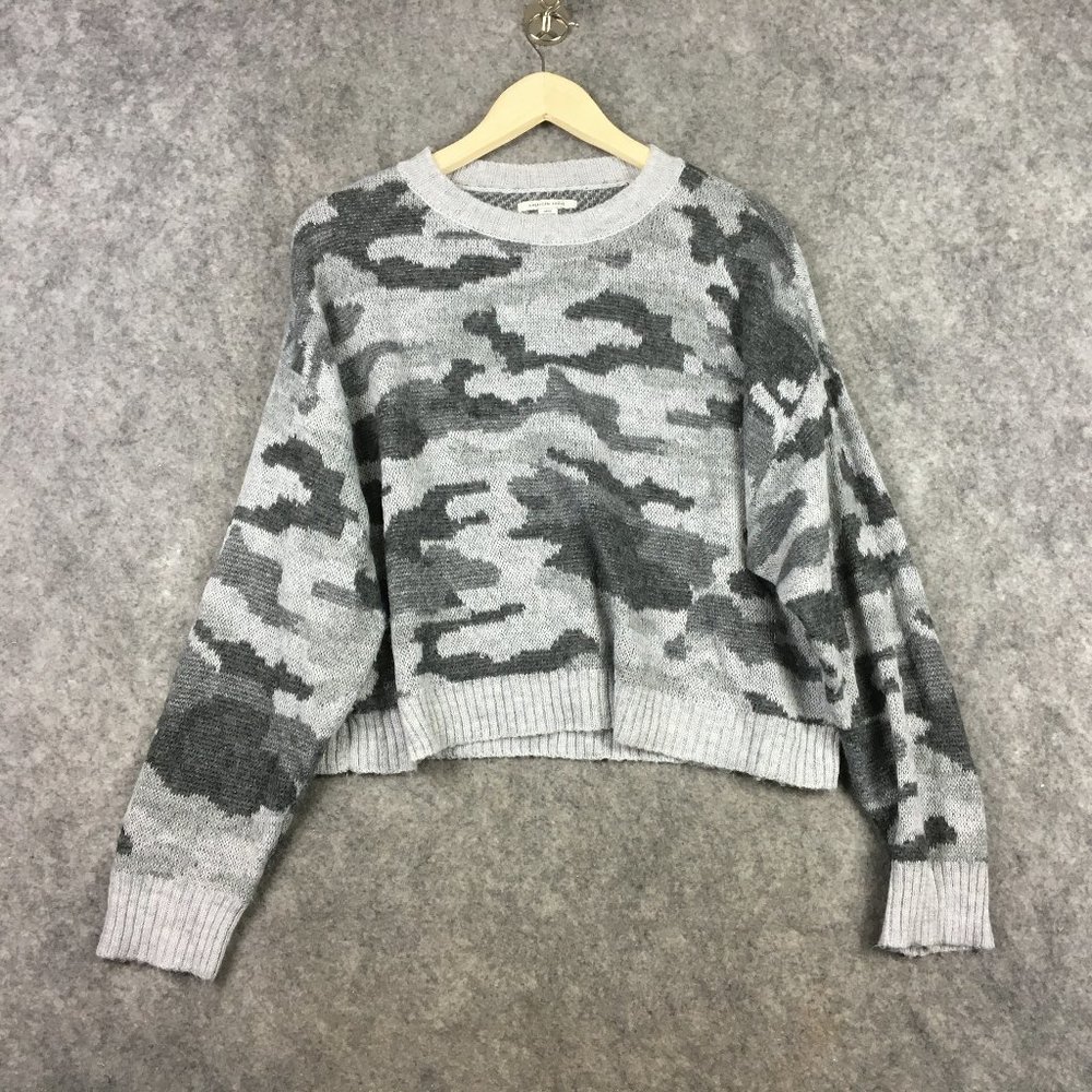 American Eagle Sweater Womens S Wool Blend Loose Knit Gray Camo Oversized Cozy